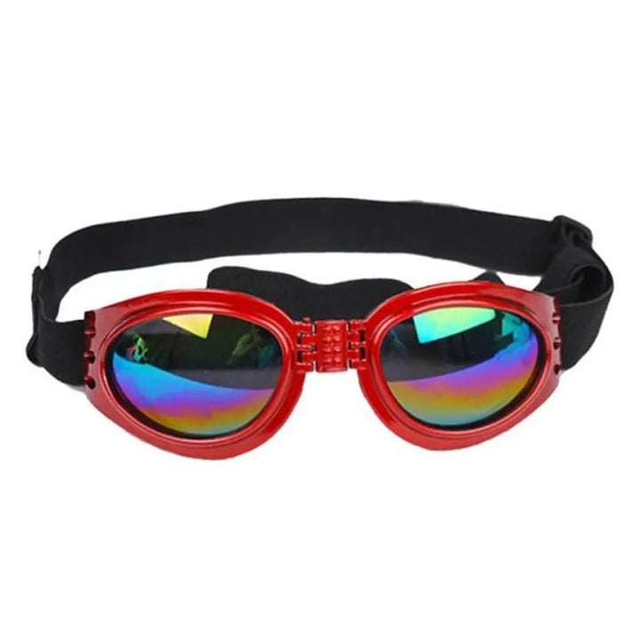 Dog goggles on a white background, highlighting their UV protective features and design