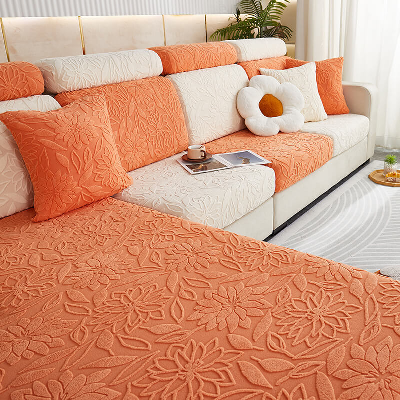 Velvet stretch floral sofa cover protecting a 3-seater couch, pet-friendly home decor