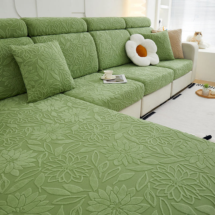 Velvet floral patterned sofa cover enhancing living room aesthetics, easy to install slipcover
