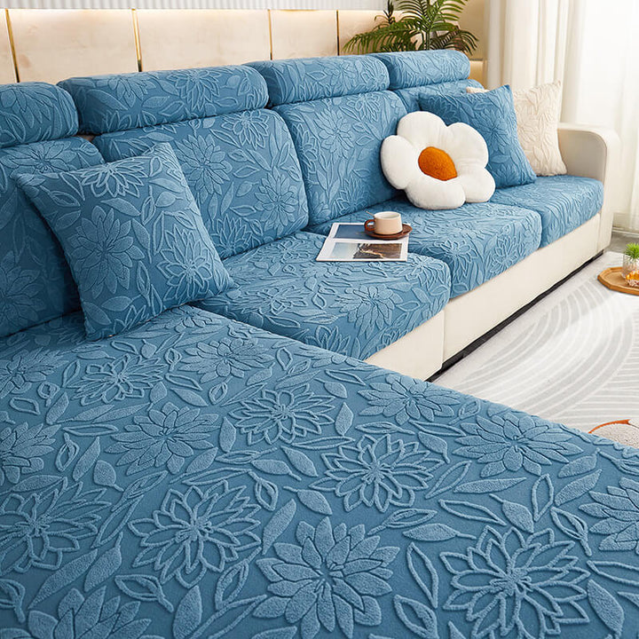 Textured velvet floral sofa cover offering comfort and style, pet-friendly and washable