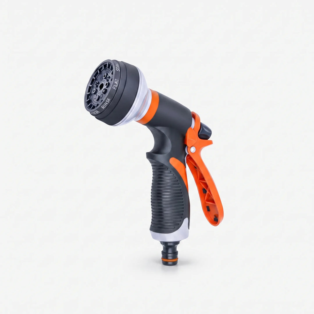 Adjustable 8-pattern hose sprayer for gardening, patio cleaning, and car wash tasks.
