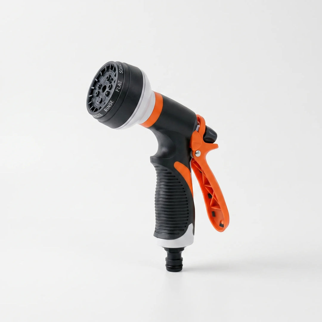Ergonomic 8-pattern garden hose sprayer with flow control & trigger lock for easy watering.