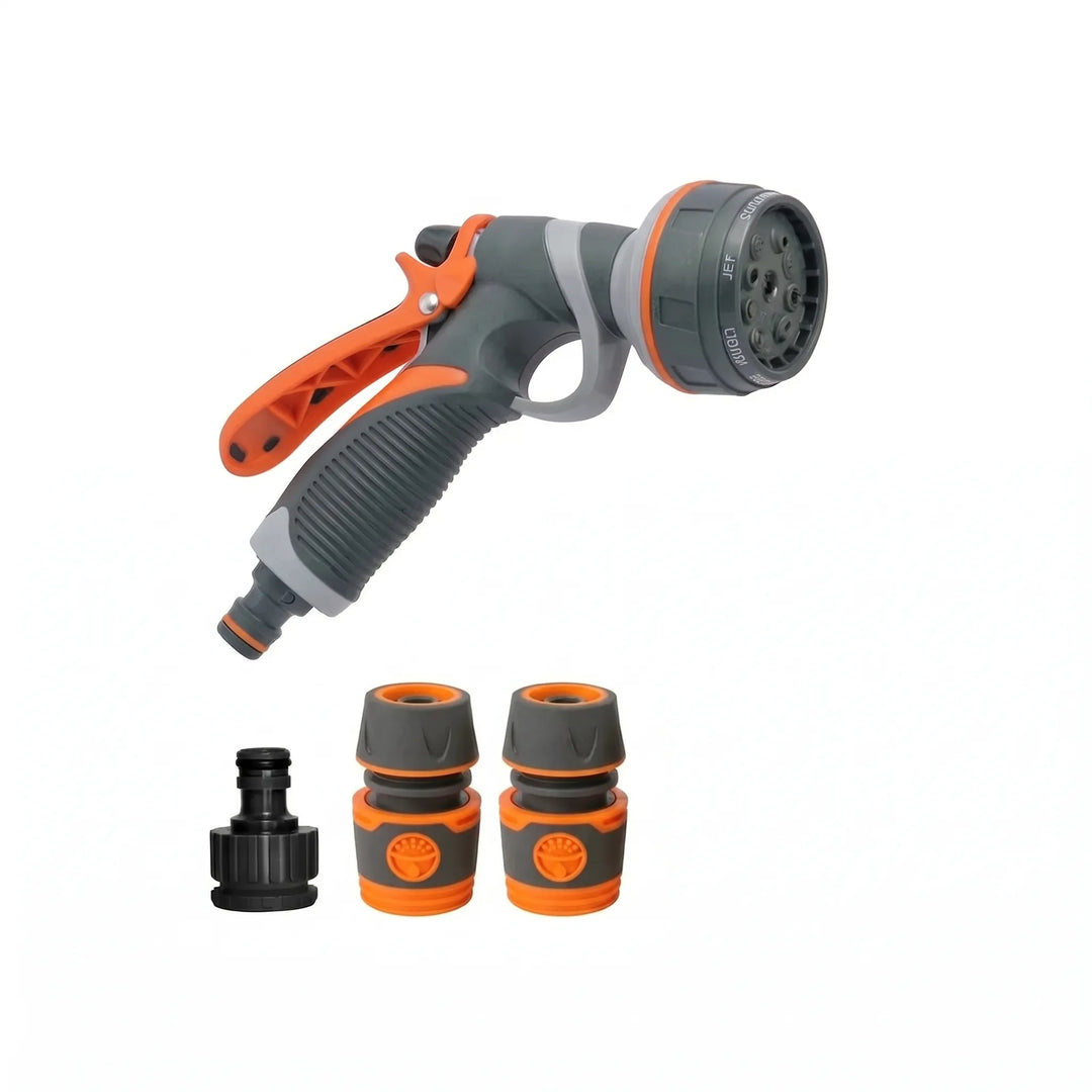 Durable 8-pattern adjustable garden nozzle for efficient watering, car washing & patio cleaning.