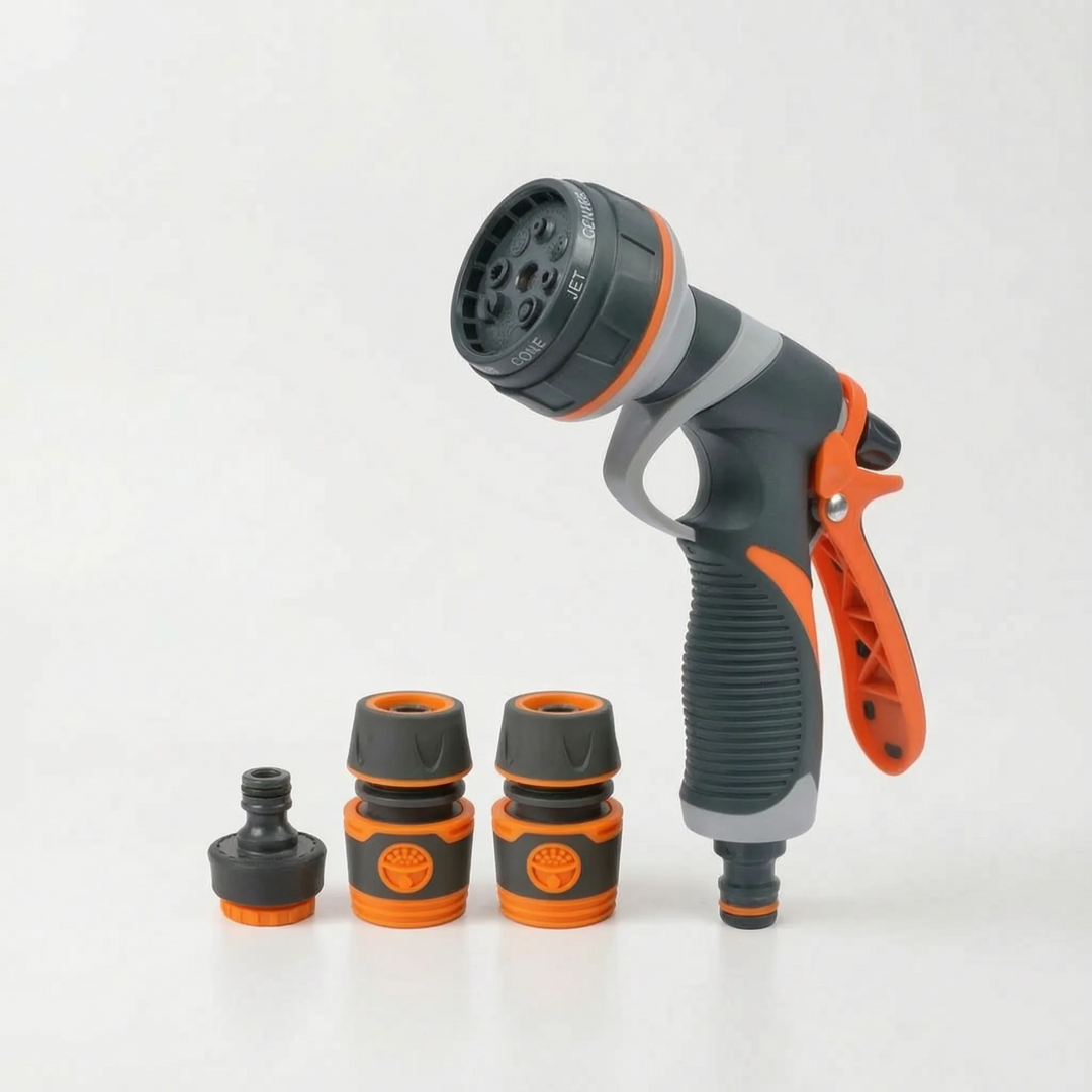 Efficient 8-pattern spray gun for precise watering, powerful outdoor cleaning, & car washing.