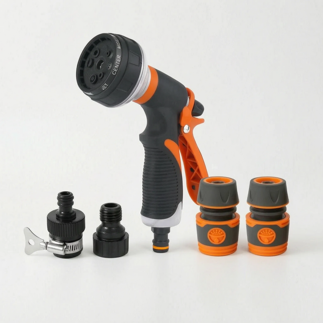 8-pattern garden hose nozzle for watering, car wash, patio cleaning. Adjustable & durable.