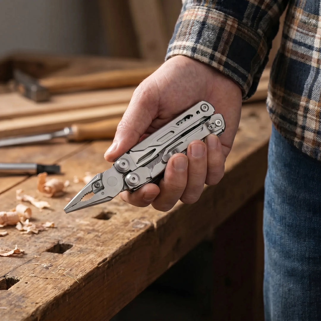Versatile folding multi-tool with integrated pliers, screwdriver bits, and knife for camping, hiking, and EDC.