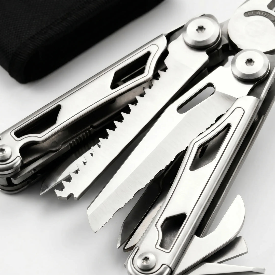 Compact folding multi-tool with durable pliers and a set of essential screwdriver bits for outdoor adventures.