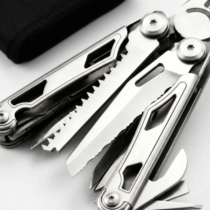 Compact folding multi-tool with durable pliers and a set of essential screwdriver bits for outdoor adventures.