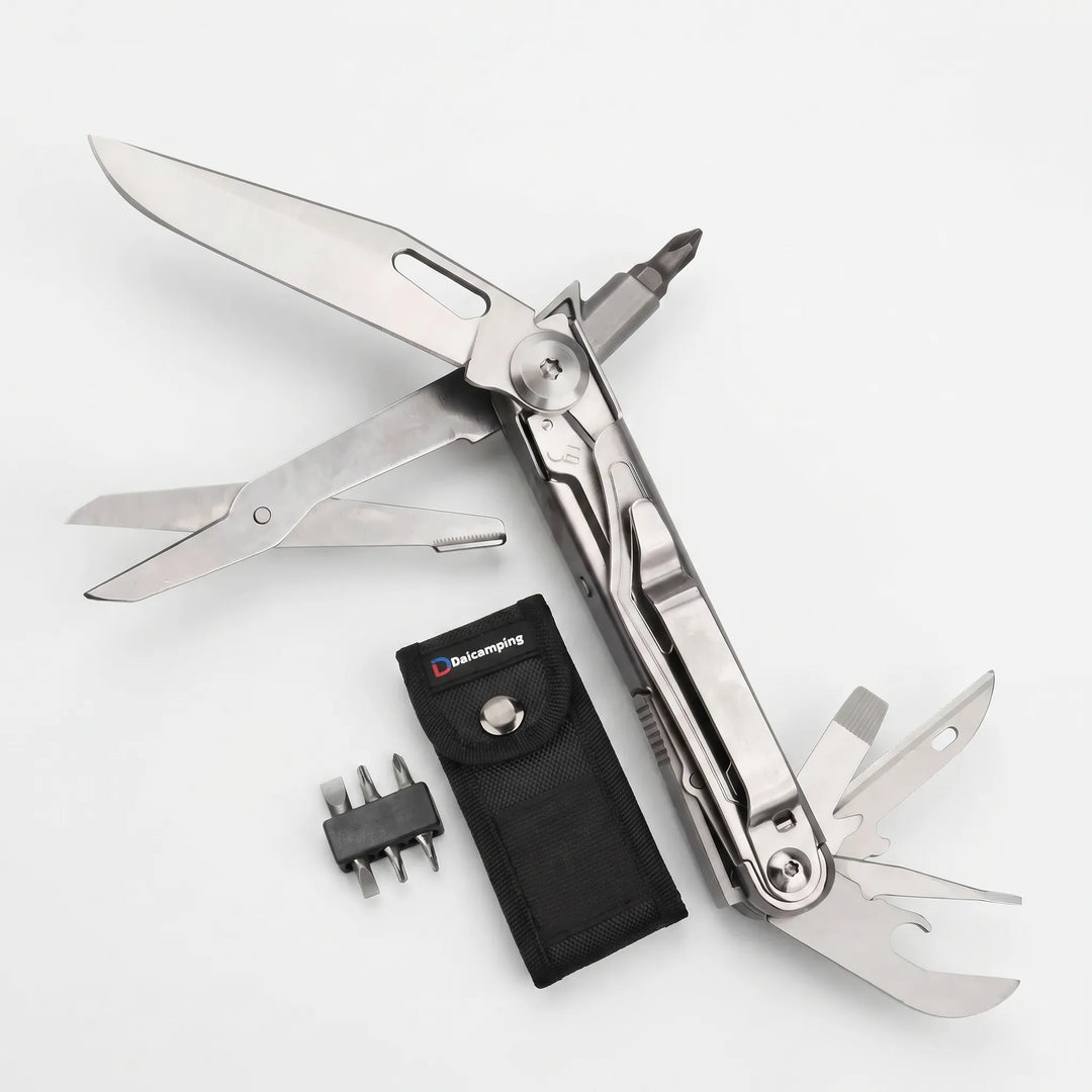 High-quality portable multi-tool for camping & hiking. Features strong pliers, multiple screwdriver bits.