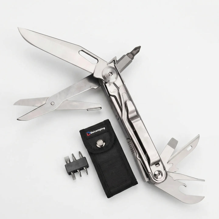 High-quality portable multi-tool for camping & hiking. Features strong pliers, multiple screwdriver bits.