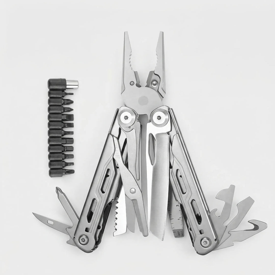 Essential utility folding multi-tool. Contains strong pliers and multiple screwdriver bits for various tasks.