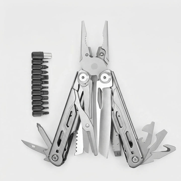 Essential utility folding multi-tool. Contains strong pliers and multiple screwdriver bits for various tasks.