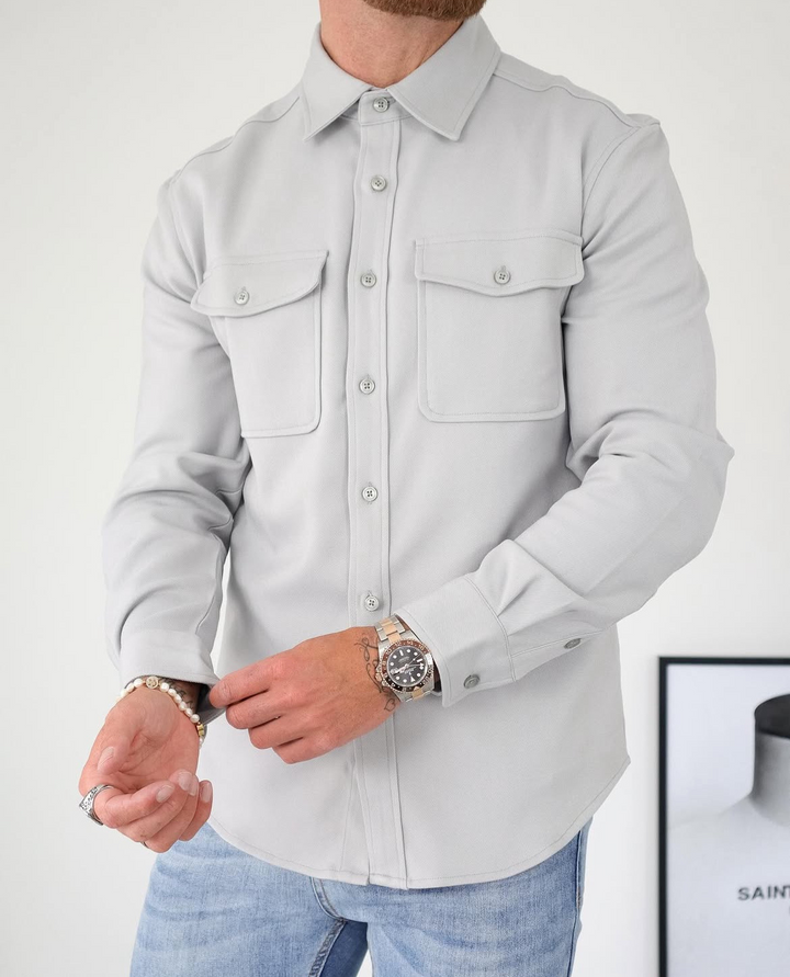 Comfortable men's stretch overshirt, perfect as a utility jacket or casual layered shirt, with practical chest pockets.