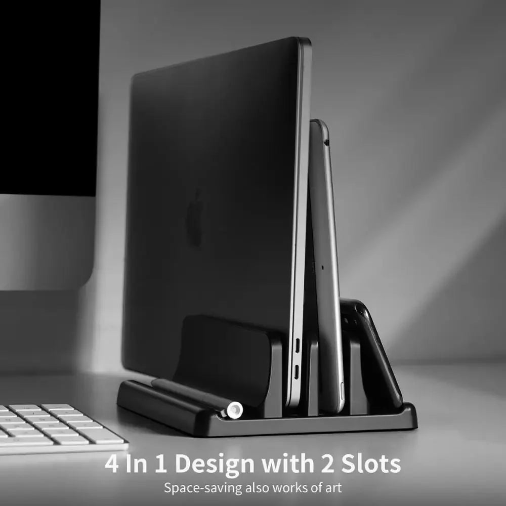 Adjustable vertical laptop stand securely holding a closed notebook, optimizing desk space and tech organization.
