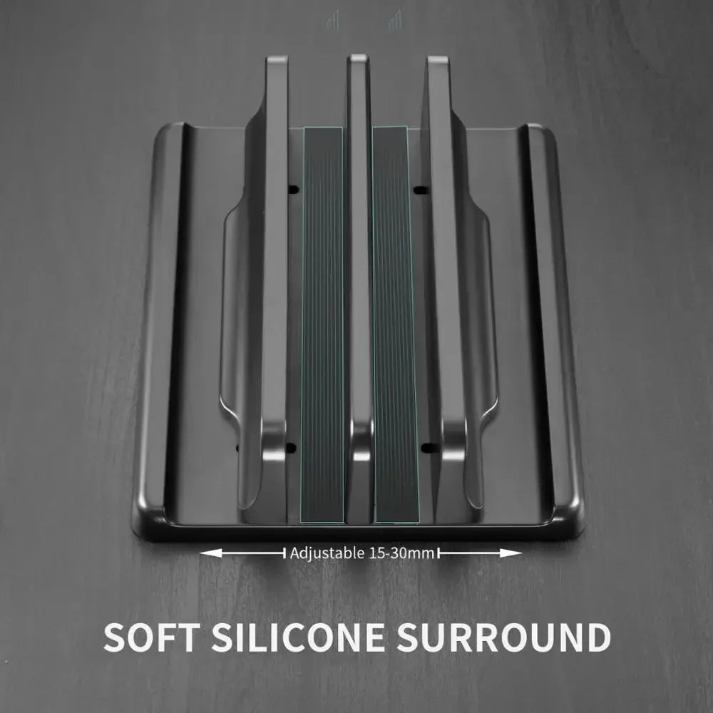 Modern aluminum vertical laptop stand, a stylish desk organizer for efficient space management and notebook storage.