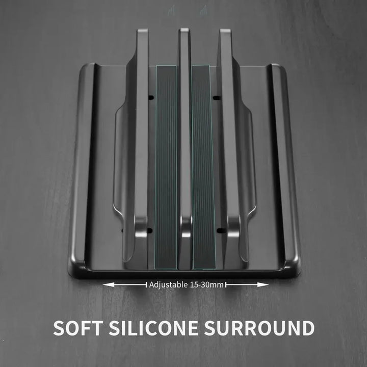 Modern aluminum vertical laptop stand, a stylish desk organizer for efficient space management and notebook storage.