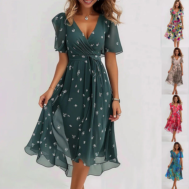 Flowy vibrant abstract midi dress, an elegant women's fashion piece with a colorful print for summer comfort.