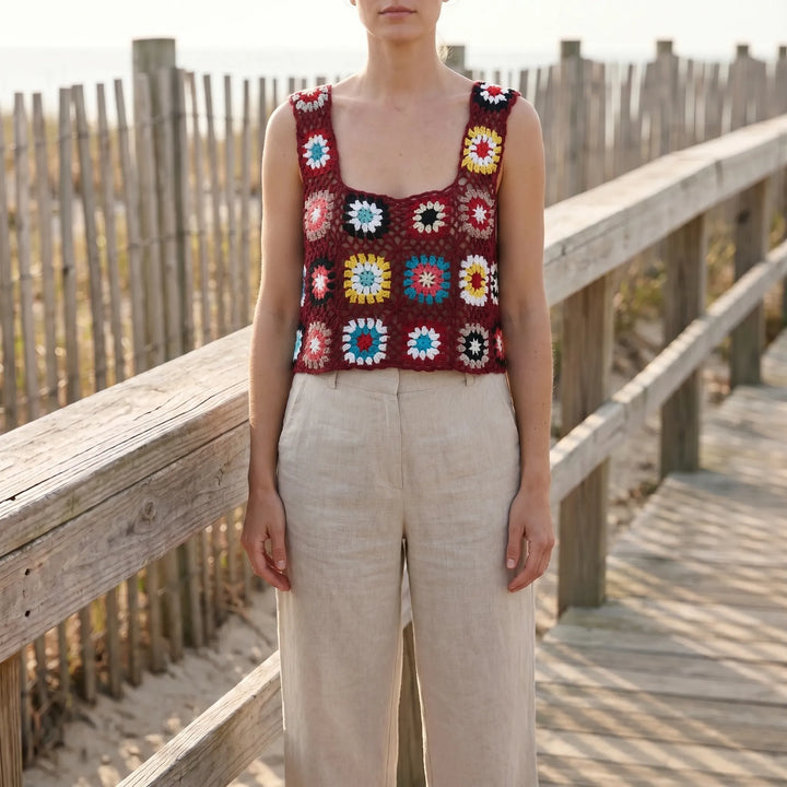 Vibrant bohemian women's sleeveless crop top, perfect for summer fashion and casual wear.