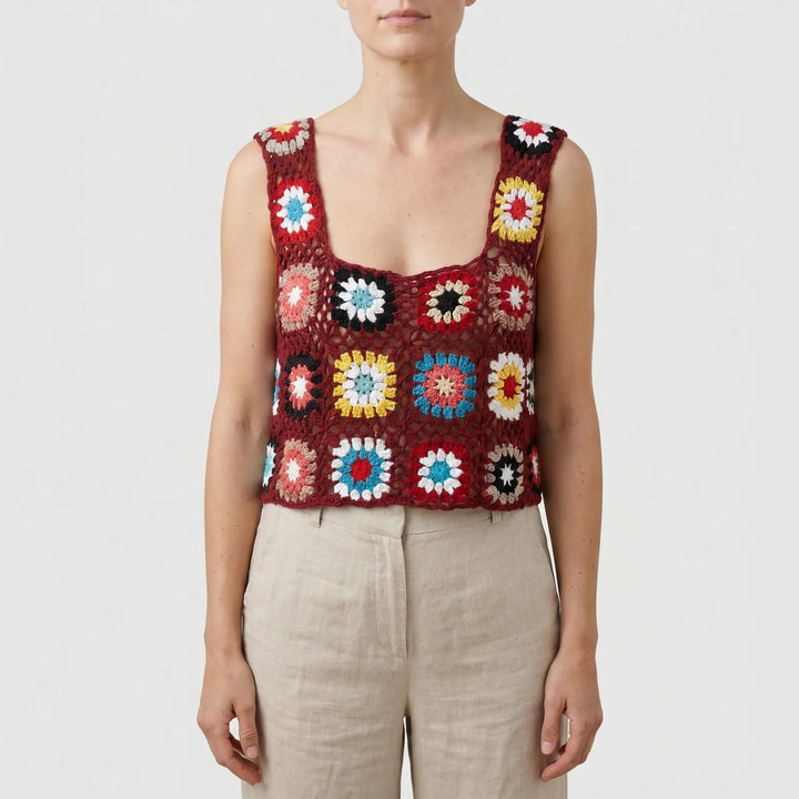 Fashionable boho summer sleeveless crop top for women, featuring a vibrant colorful retro-inspired design.