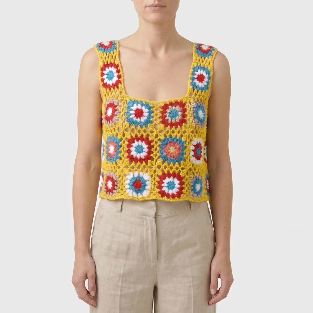 Boho summer vibrant women's sleeveless crop top, a fashionable and colorful statement piece for casual wear.