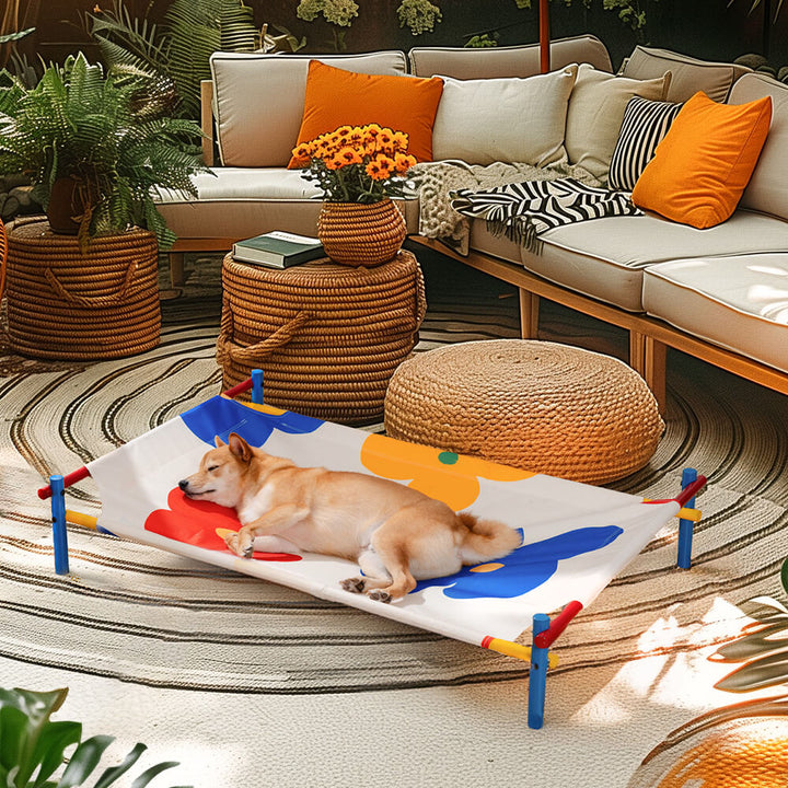 Vibrant elevated dog bed with colorful summer print oxford fabric and sturdy aluminum frame.