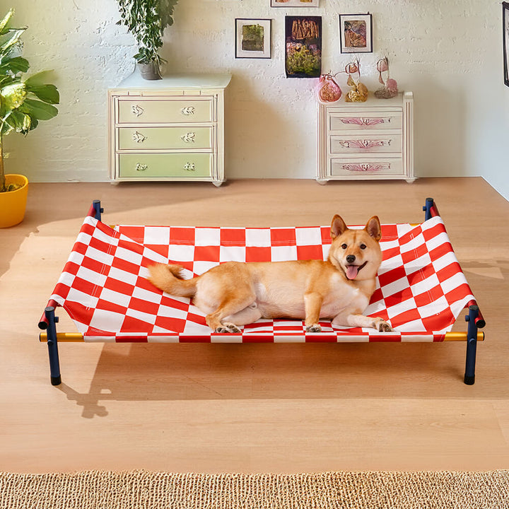 Easy assembly elevated dog bed with a vibrant summer print and rust-resistant aluminum frame.