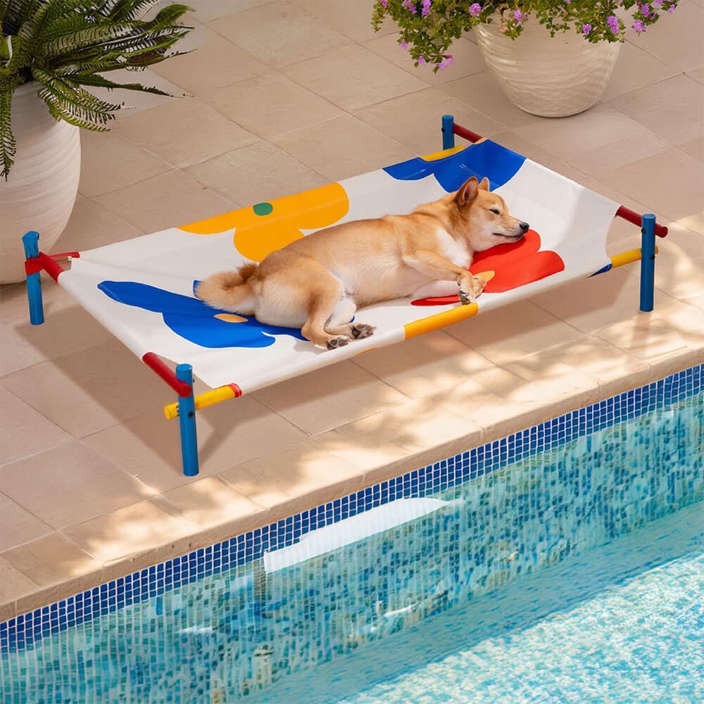 Comfortable outdoor dog bed with a bright summer pattern and durable, lightweight aluminum frame.