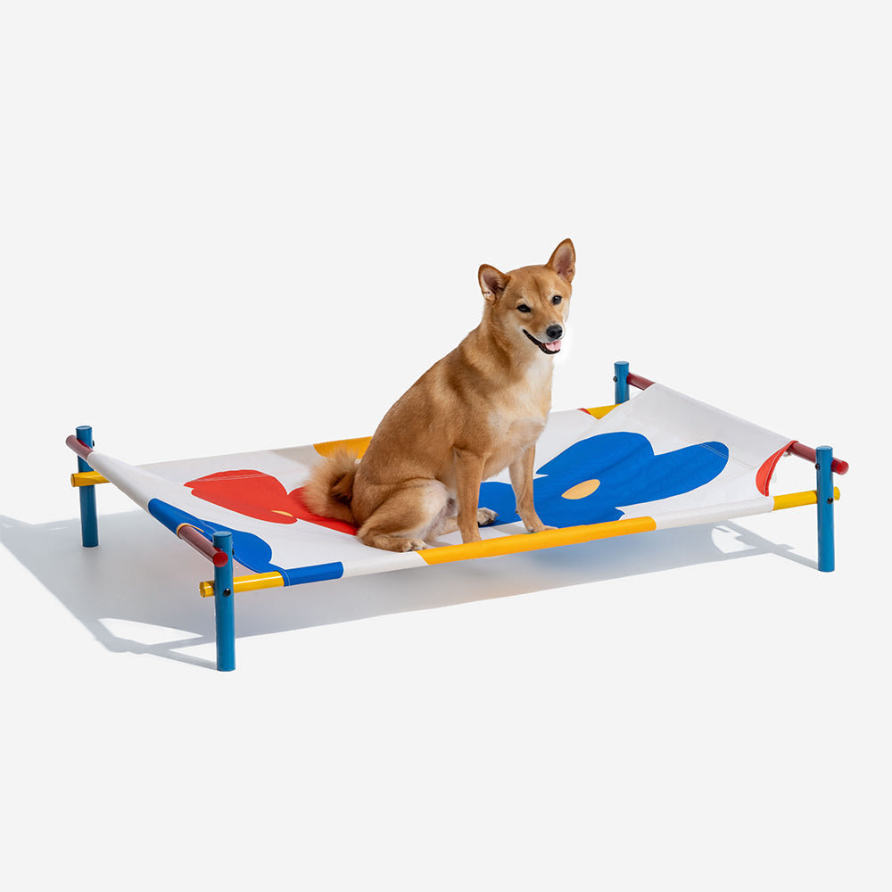 Pet furniture: elevated dog bed with a cheerful summer print fabric and robust aluminum support.