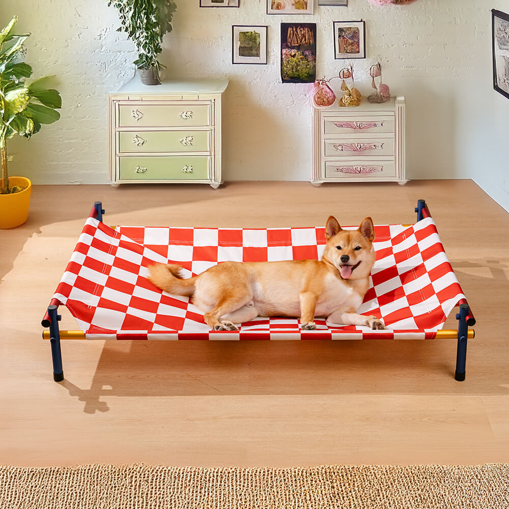 Lightweight aluminum frame elevated dog bed with a colorful print, offering pet comfort and easy cleaning.