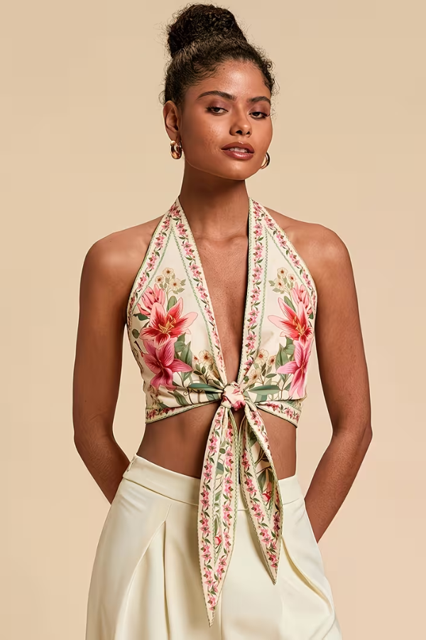 Vacation-ready vibrant floral halter top for women, perfect for beach & warm weather.