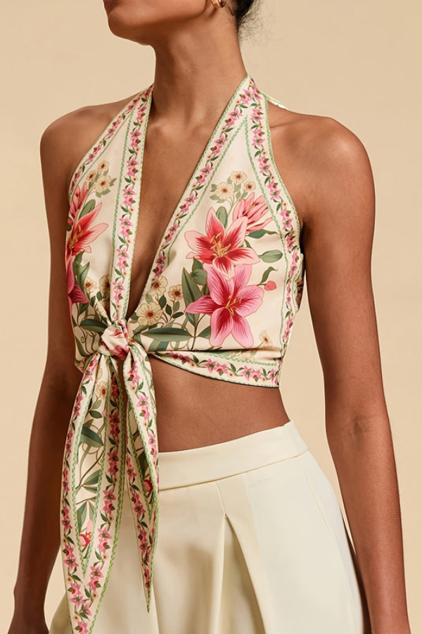 Women's vibrant floral printed top, a chic sleeveless halter for summer style.