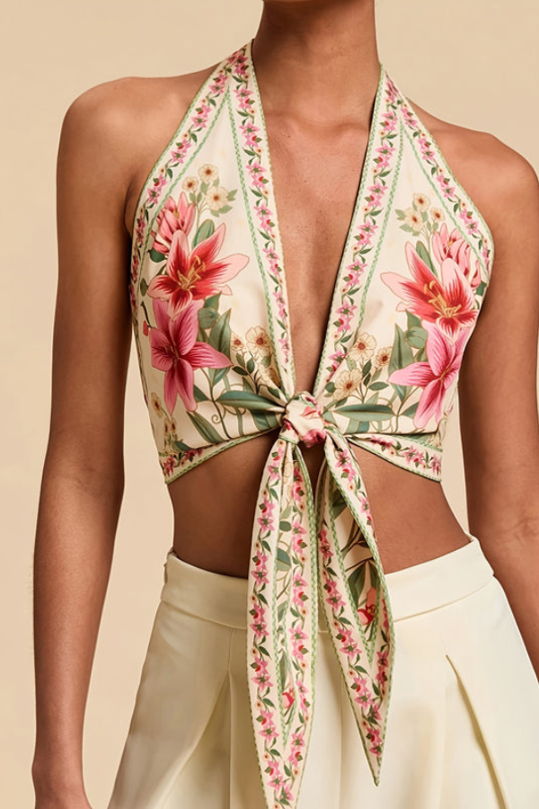 Lightweight women's vibrant floral halter top, perfect for casual summer fashion.