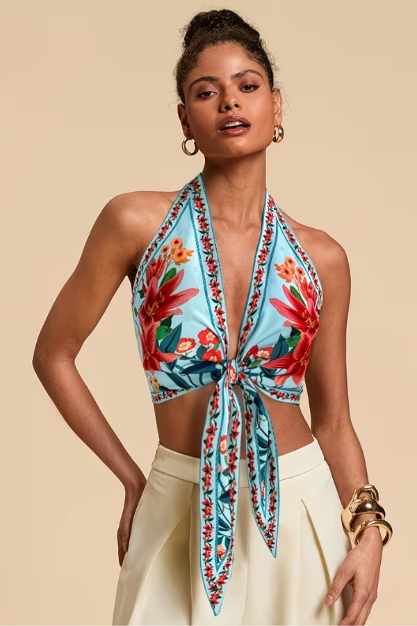 Summer-chic sleeveless floral halter top for women, vibrant & perfect for vacation.