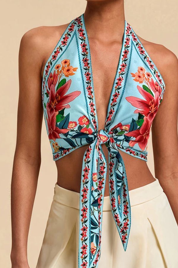 Bright floral print halter top, a lightweight & vibrant women's top for summer.