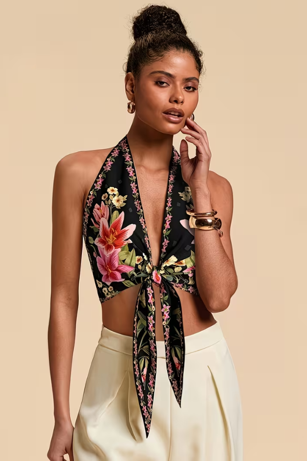 Summer-ready women's floral printed halter top, perfect for beach & casual wear.