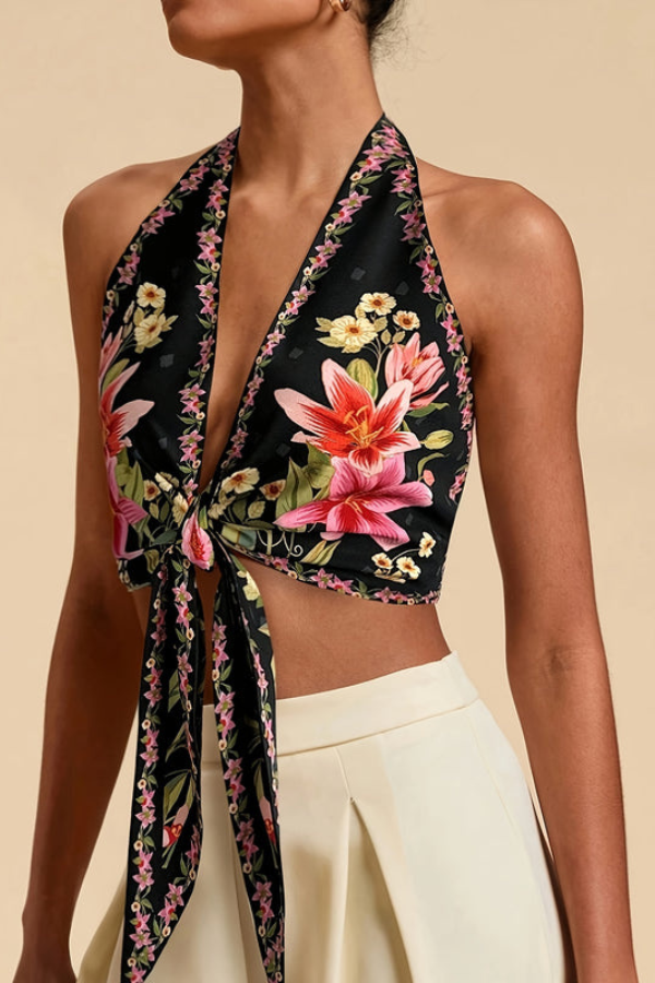 Vibrant floral halter top, a chic sleeveless design for women's summer fashion.