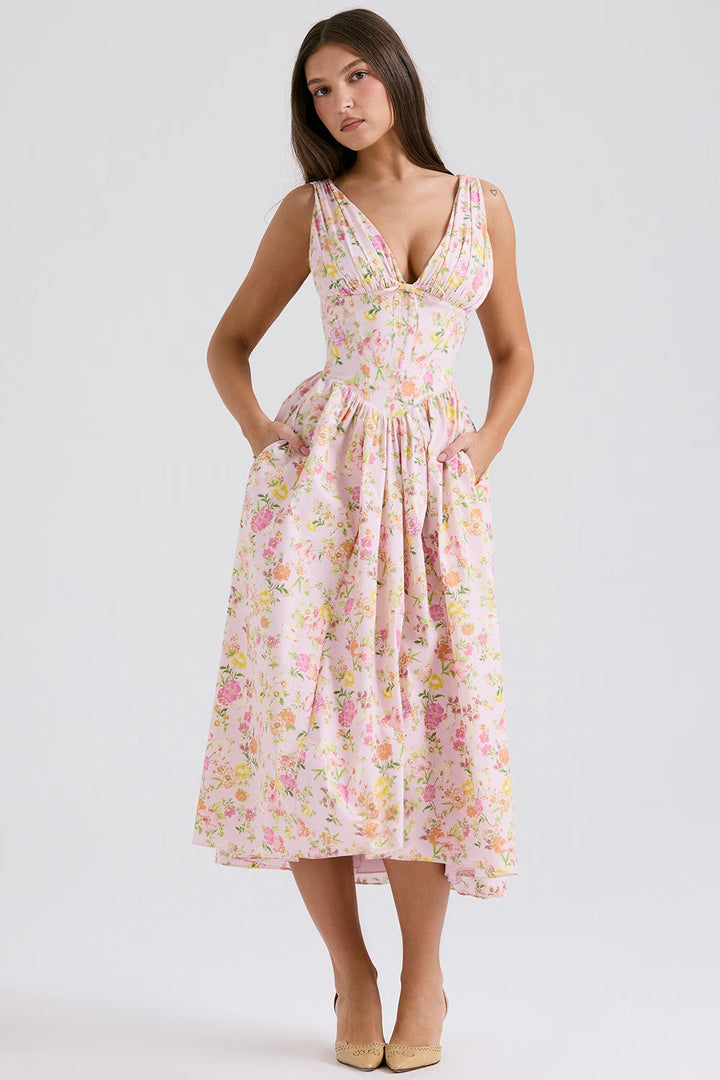 Elegant women's floral midi dress featuring a corset V-neck, A-line cut, perfect for summer weddings.