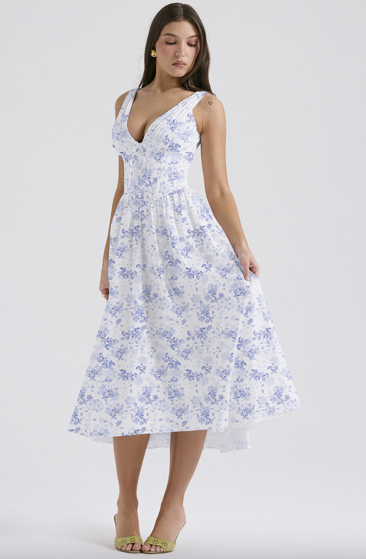 Women's formal floral midi dress with a stylish corset V-neck, ideal for garden parties & special occasions.