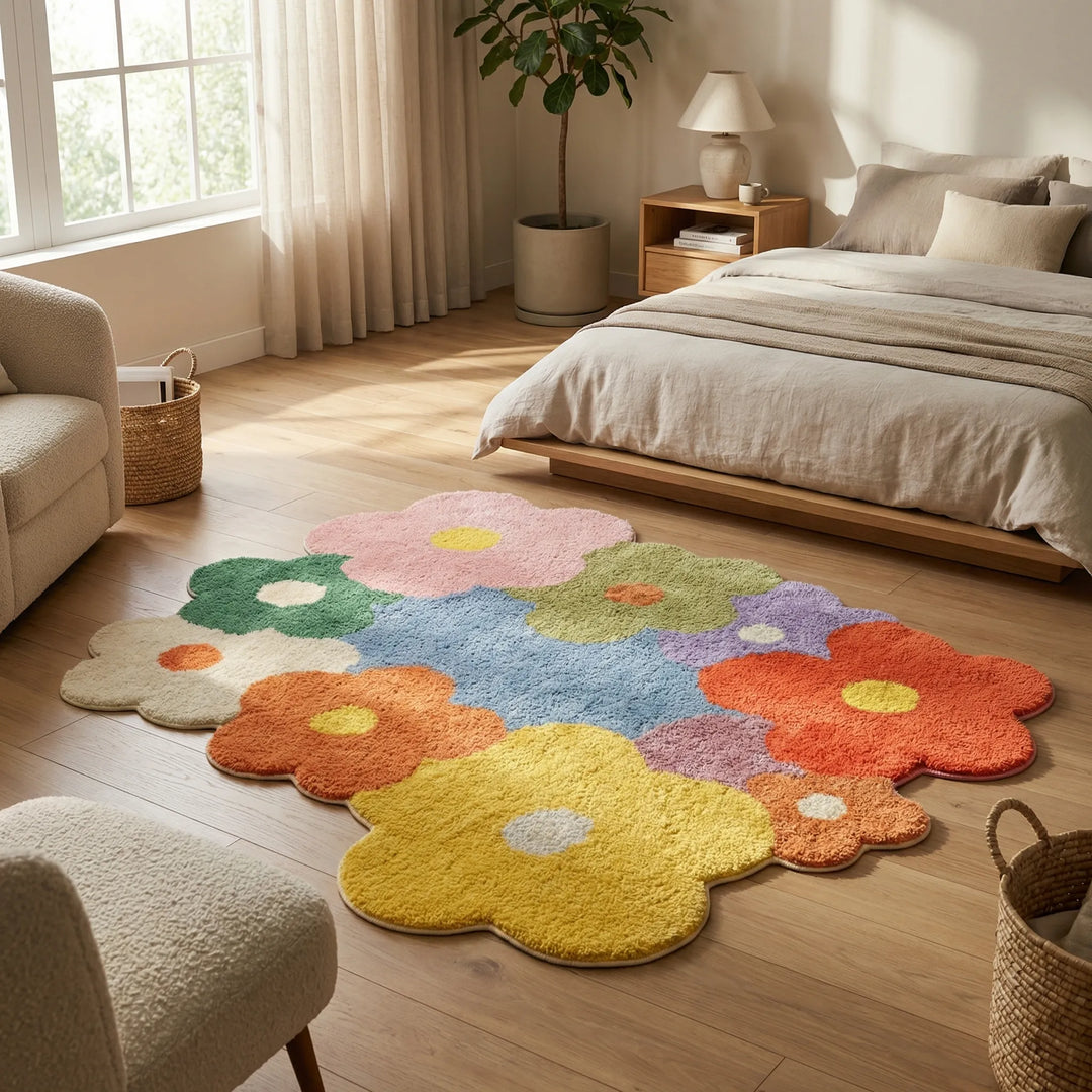 Vibrant Flowique floral area rug with playful waves, perfect for a living room or bedroom. Soft, unique home decor.
