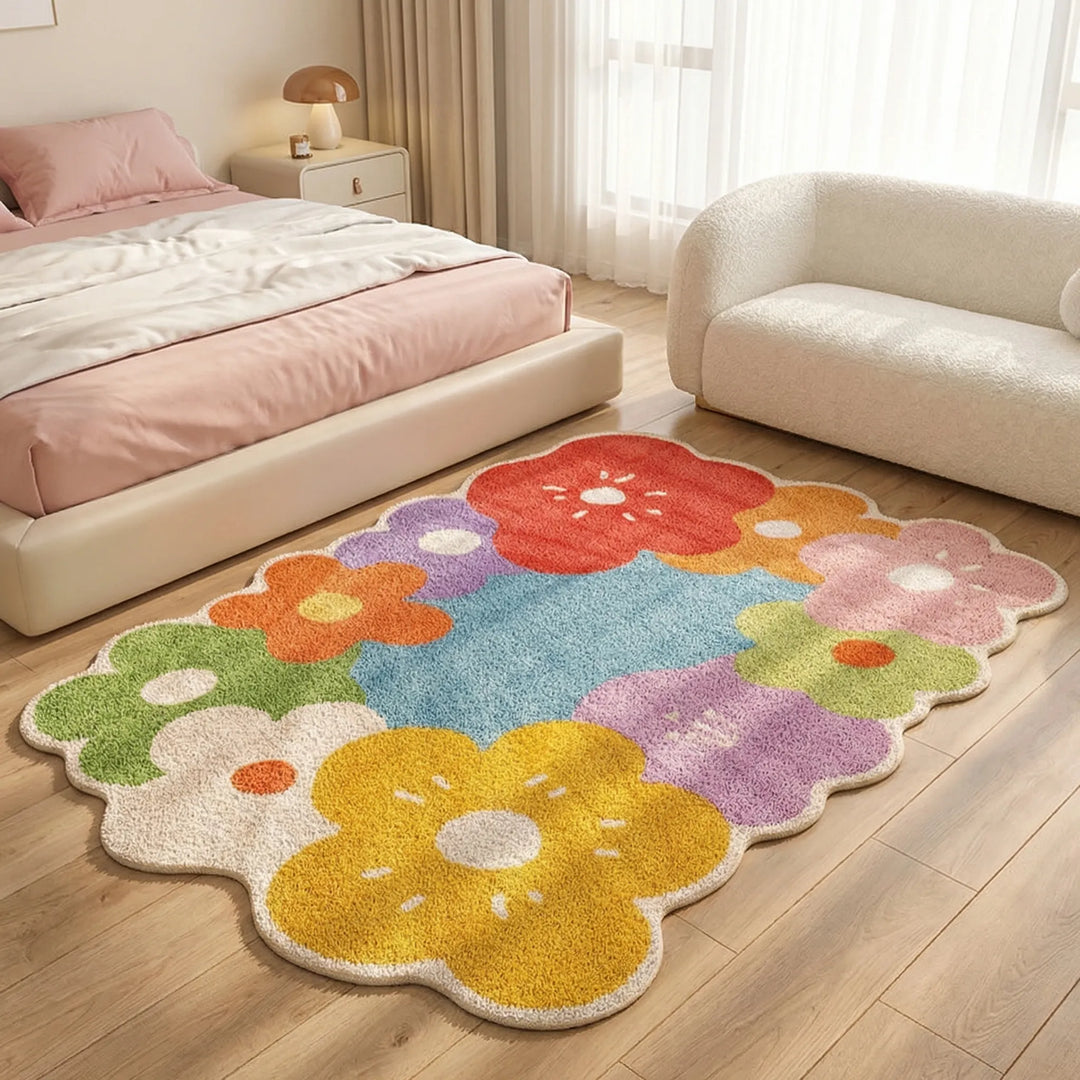 Unique Flowique floral area rug, a playful statement piece with waves and flower patterns for modern home decor.