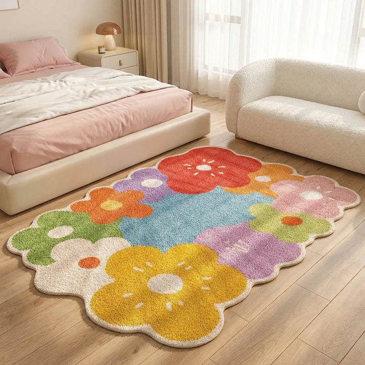 Unique Flowique floral area rug, a playful statement piece with waves and flower patterns for modern home decor.