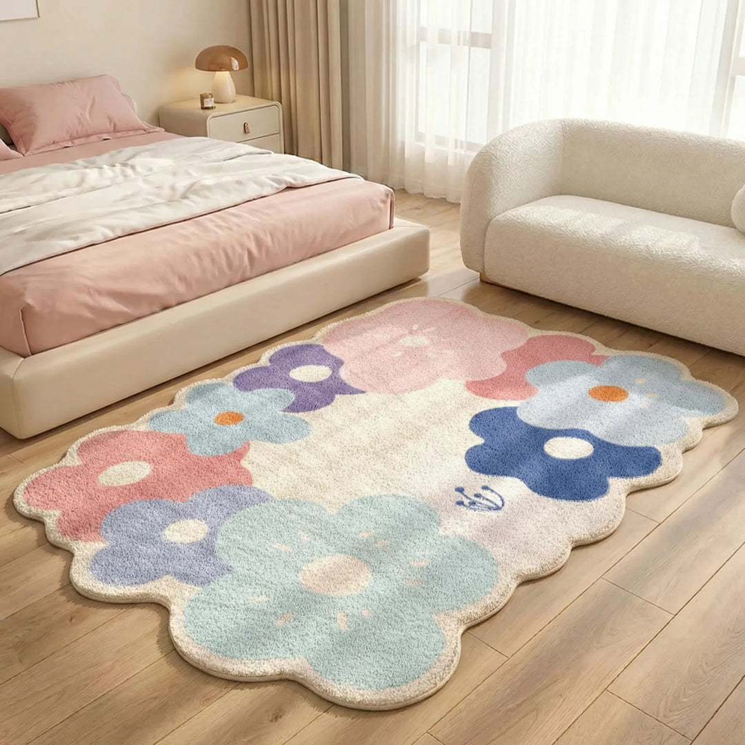 Playful & vibrant Flowique floral area rug with waves and flower pattern. Enhances living room & bedroom decor.
