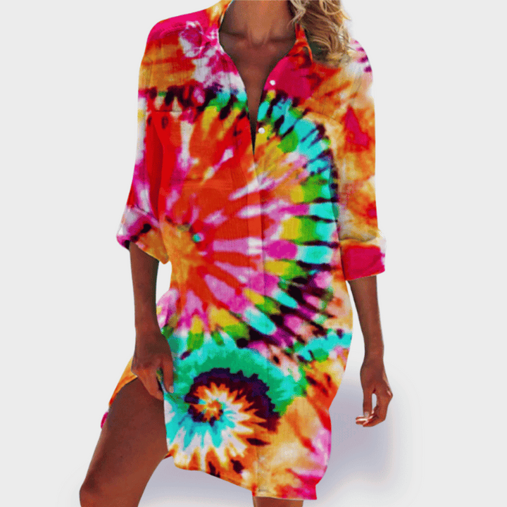 Vibrant flowy draped midi dress for women, perfect for summer style & effortless fashion.