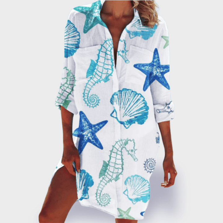 Comfortable & elegant women's vibrant flowy draped dress for casual chic summer wear.