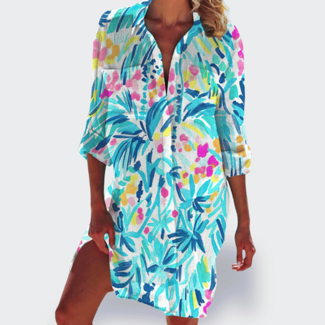 Versatile women's vibrant flowy draped midi dress, suitable for elegant or casual summer fashion.