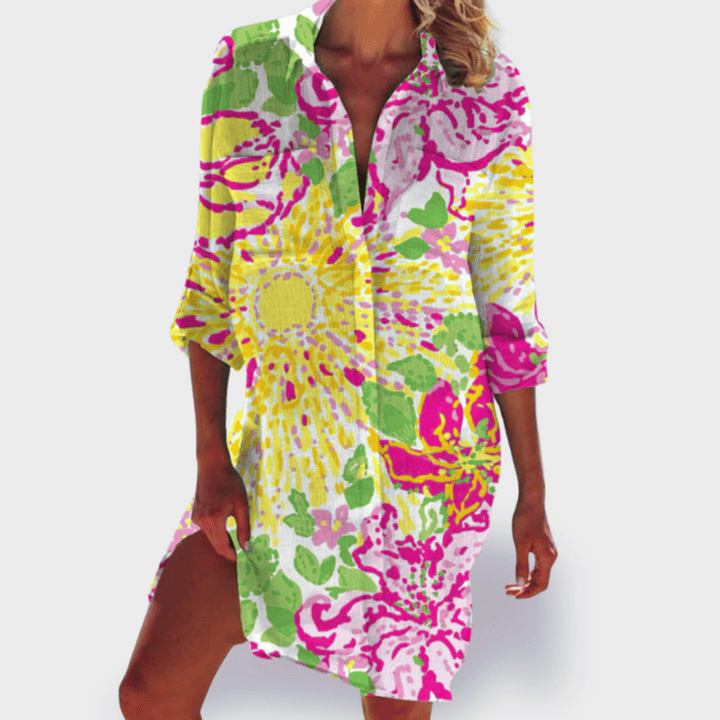 Relaxed fit women's vibrant flowy draped dress, ensuring comfortable & elegant summer fashion.