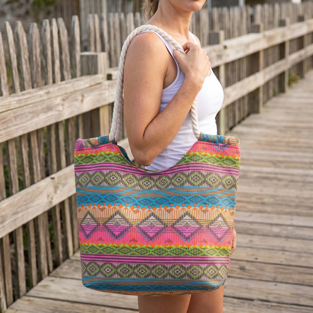 Vibrant geometric print women's shoulder tote bag. Stylish, colorful, and perfect for summer or everyday use.