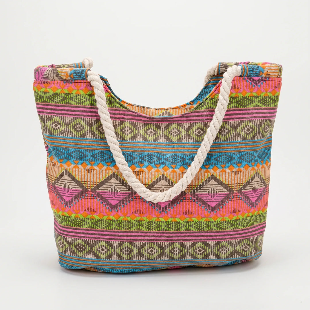 Large capacity women's tote bag with vibrant geometric pattern. Ideal stylish shoulder bag for travel or everyday.