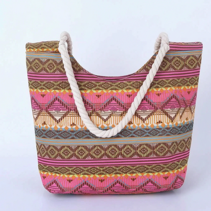 Colorful women's shoulder tote bag with a vibrant geometric design. A stylish patterned purse, ideal for everyday carry.