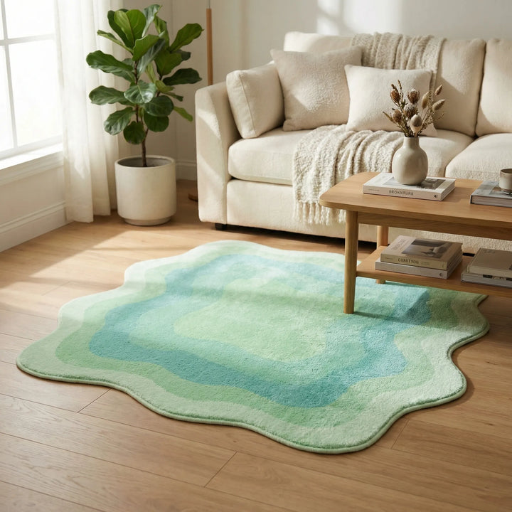 Vibrant gradient area rug with plush comfort & non-slip design, perfect for modern living room decor.